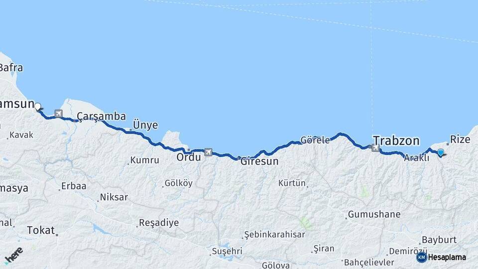 Rize Kalkandere Samsun Arası Kaç Km - Yol Haritası