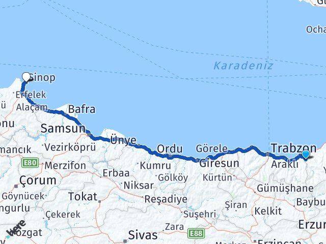 Rize Kalkandere Sinop Arası Kaç Km - Yol Haritası