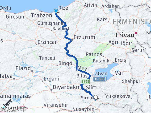 Rize Kalkandere Şırnak Arası Kaç Km - Yol Haritası