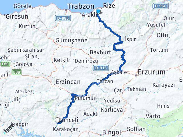 Rize Kalkandere Tunceli Arası Kaç Km - Yol Haritası