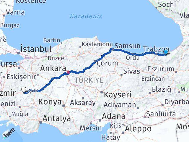 Rize Kalkandere Uşak Arası Kaç Km - Yol Haritası
