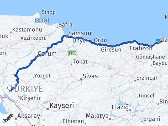 Rize Kaman Kırşehir Arası Kaç Km - Yol Haritası