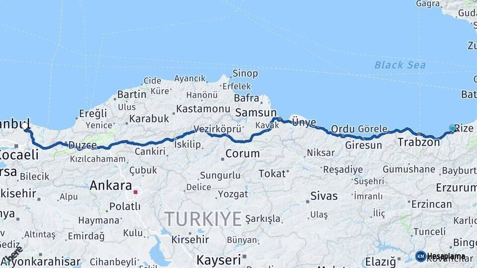 Rize Kandıra Kocaeli Arası Kaç Km - Yol Haritası