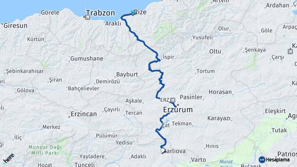 Rize Karlıova Bingöl Arası Kaç Km - Yol Haritası