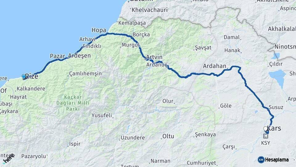 Rize Kars Arası Kaç Km - Yol Haritası