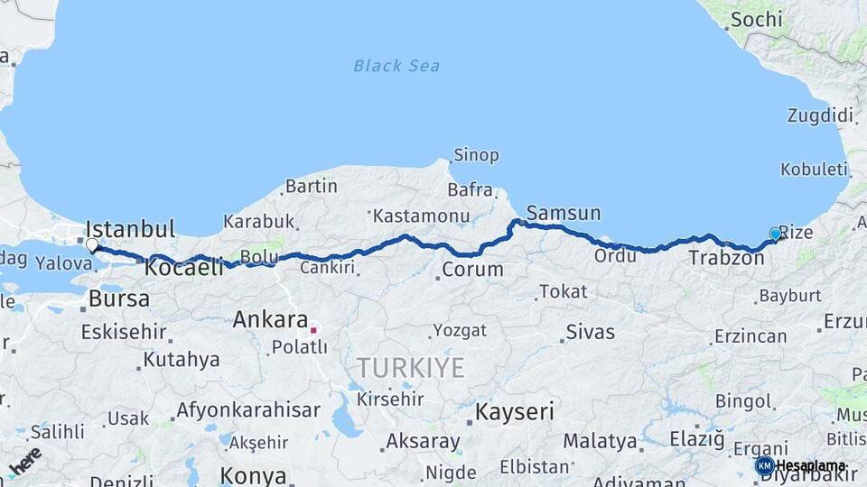 Rize Kartal İstanbul Arası Kaç Km - Yol Haritası