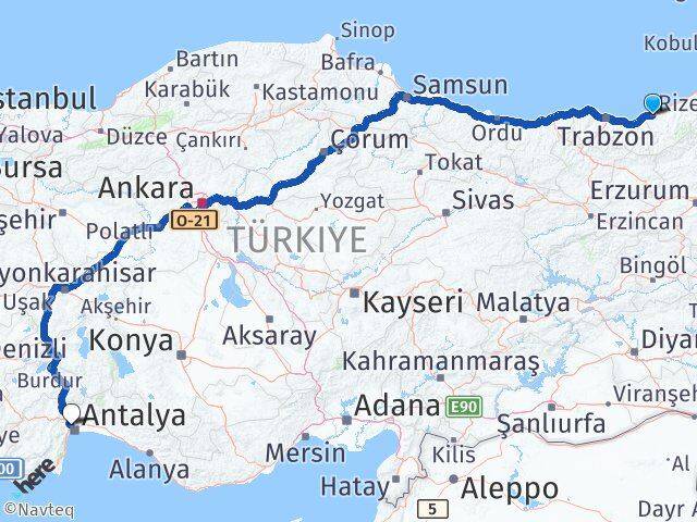 Rize Kepez Antalya Arası Kaç Km - Yol Haritası