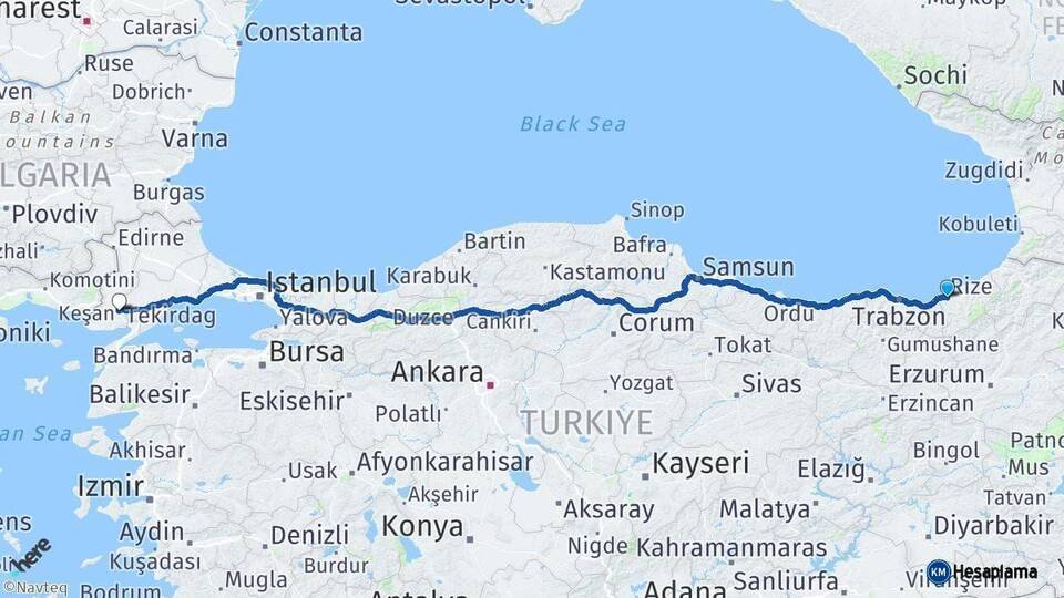 Rize Keşan Edirne Arası Kaç Km - Yol Haritası