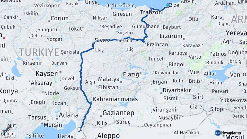 Rize Kırıkhan Hatay Arası Kaç Km - Yol Haritası