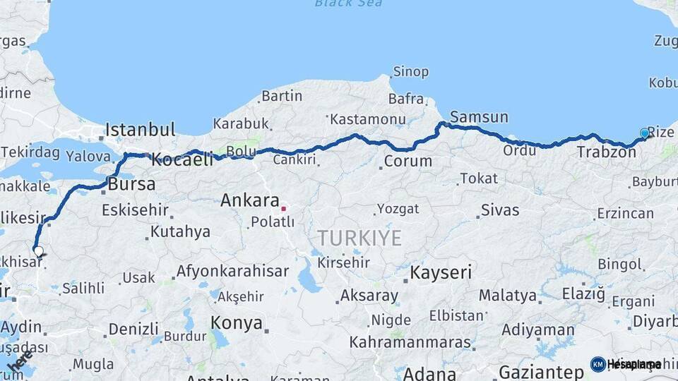 Rize Kırkağaç Manisa Arası Kaç Km - Yol Haritası