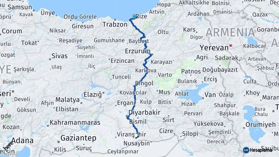 Rize Kızıltepe Mardin Arası Kaç Km - Yol Haritası