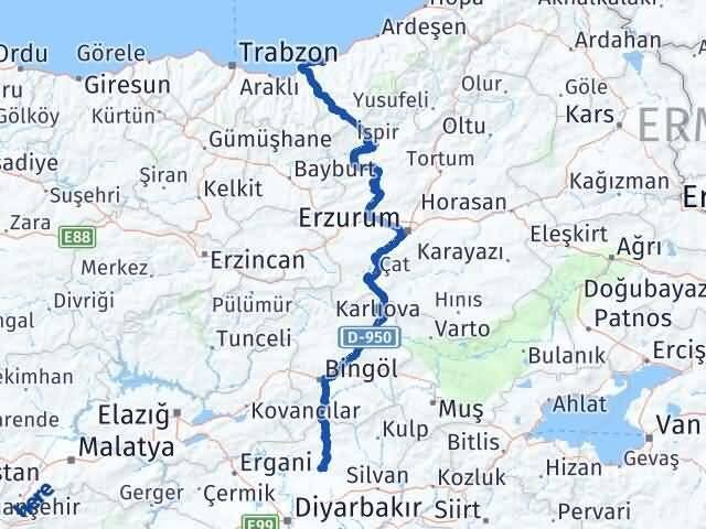 Rize Kocaköy Diyarbakır Arası Kaç Km - Yol Haritası