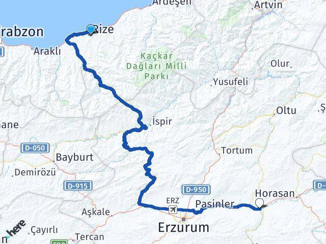 Rize Köprüköy Erzurum Arası Kaç Km - Yol Haritası