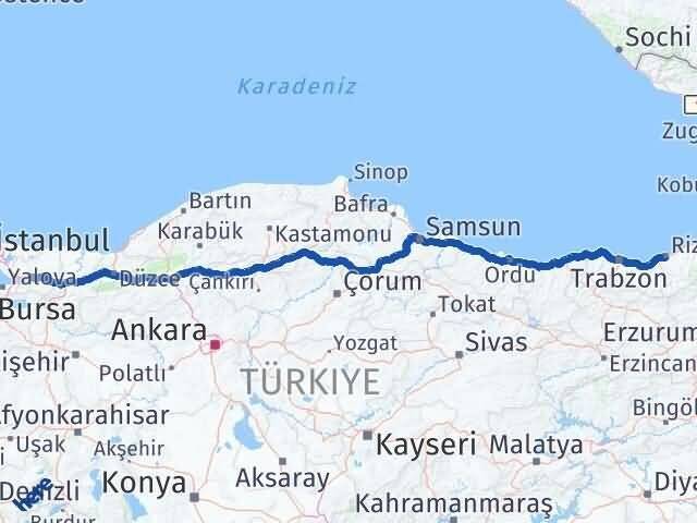 Rize Körfez Kocaeli Arası Kaç Km - Yol Haritası