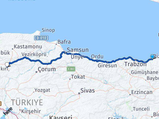 Rize Korgun Çankırı Arası Kaç Km - Yol Haritası