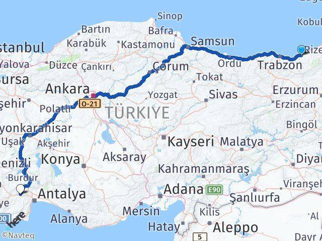 Rize Korkuteli Antalya Arası Kaç Km - Yol Haritası