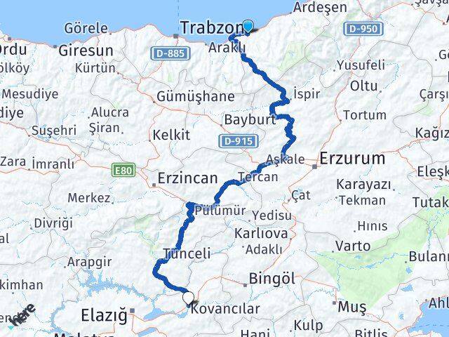 Rize Kovancılar Elazığ Arası Kaç Km - Yol Haritası