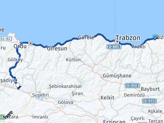 Rize Koyulhisar Sivas Arası Kaç Km - Yol Haritası