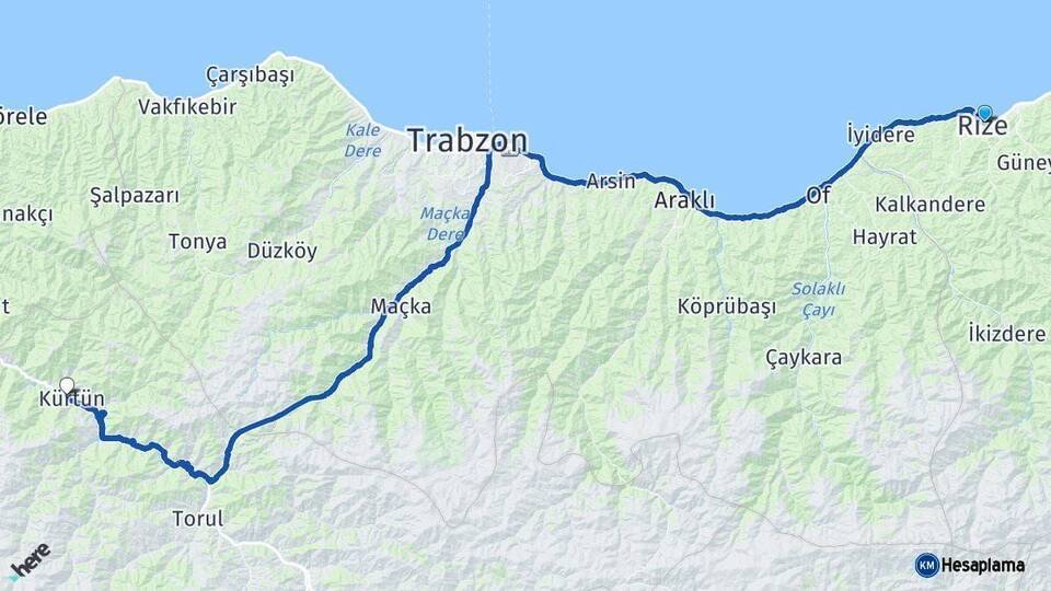 Rize Kürtün Gümüşhane Arası Kaç Km - Yol Haritası