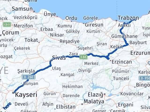 Rize Melikgazi Kayseri Arası Kaç Km - Yol Haritası
