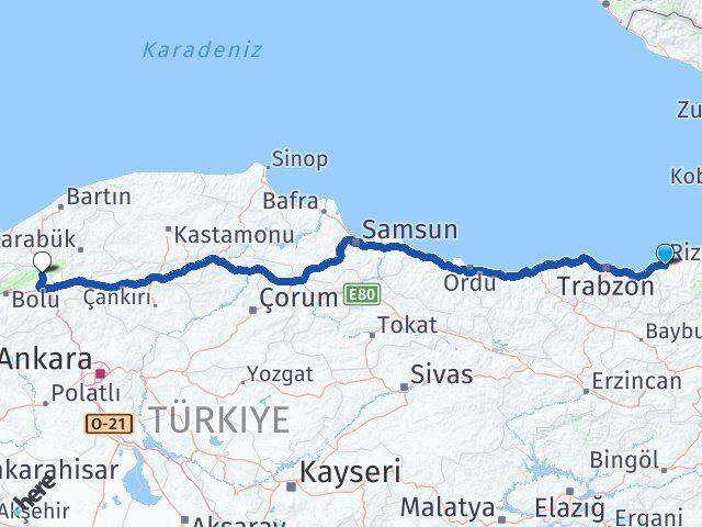 Rize Mengen Bolu Arası Kaç Km - Yol Haritası