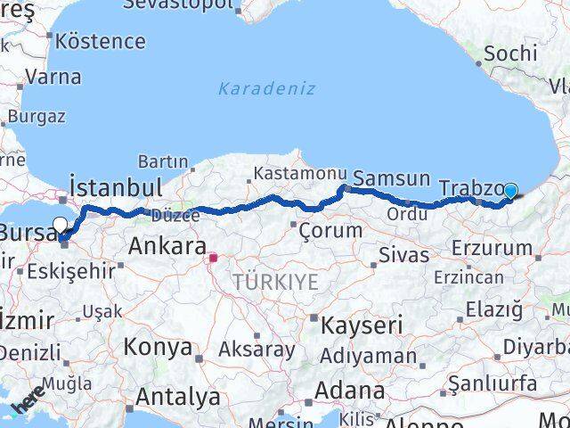 Rize Mudanya Bursa Arası Kaç Km - Yol Haritası
