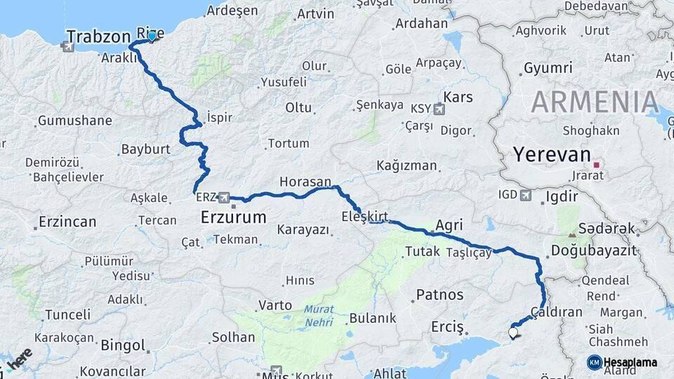 Rize Muradiye Van Arası Kaç Km - Yol Haritası