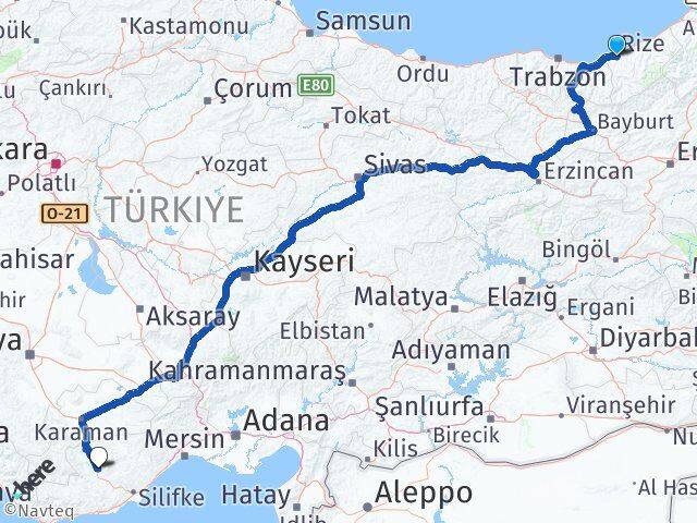 Rize Mut Mersin Arası Kaç Km - Yol Haritası