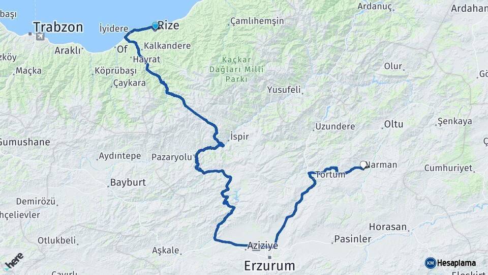 Rize Narman Erzurum Arası Kaç Km - Yol Haritası