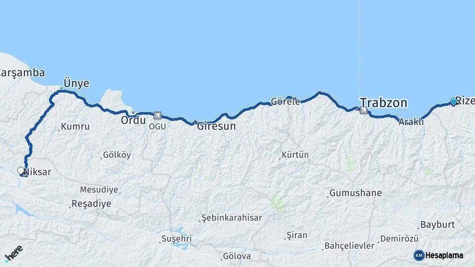 Rize Niksar Tokat Arası Kaç Km - Yol Haritası