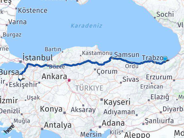 Rize Orhaneli Bursa Arası Kaç Km - Yol Haritası