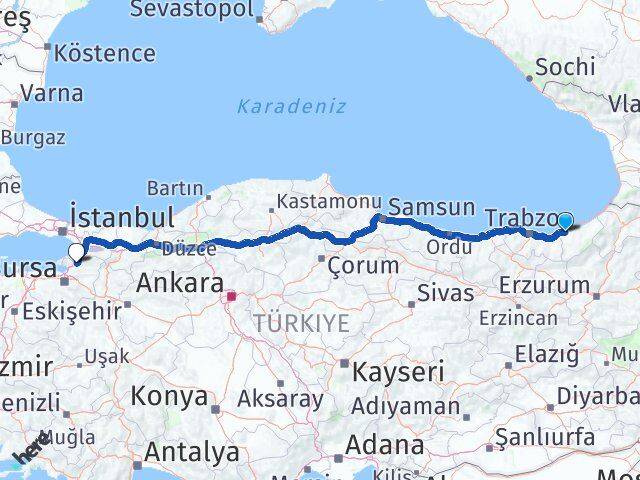 Rize Orhangazi Bursa Arası Kaç Km - Yol Haritası