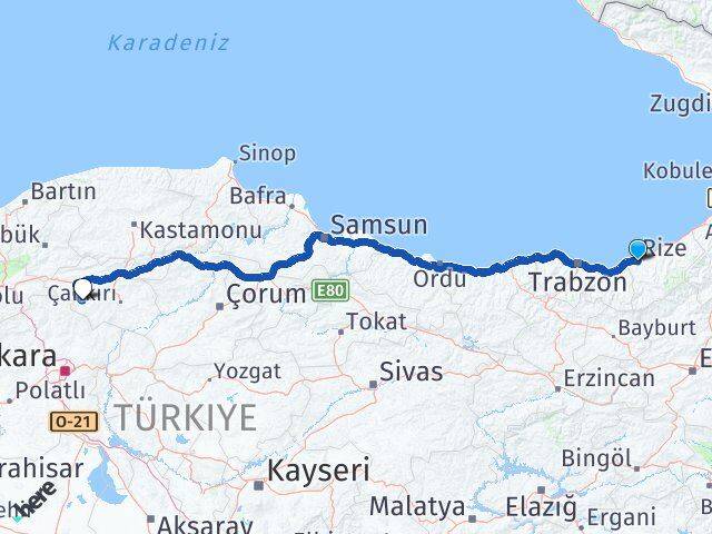 Rize Orta Çankırı Arası Kaç Km - Yol Haritası