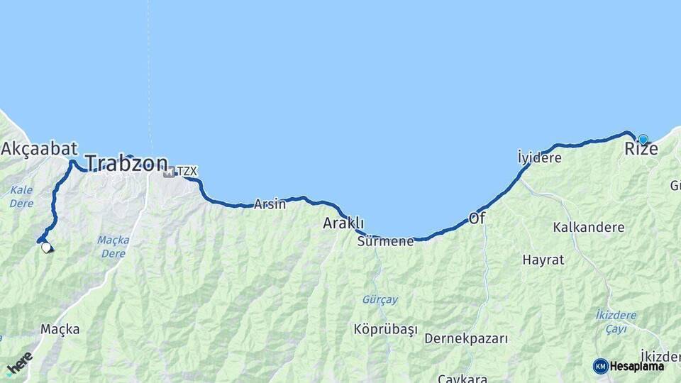 Rize Ortahisar Trabzon Arası Kaç Km - Yol Haritası