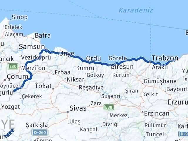 Rize Ortaköy Çorum Arası Kaç Km - Yol Haritası
