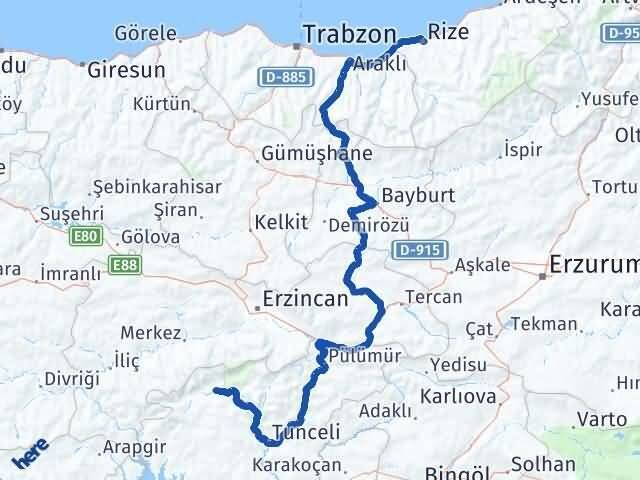 Rize Ovacık Tunceli Arası Kaç Km - Yol Haritası