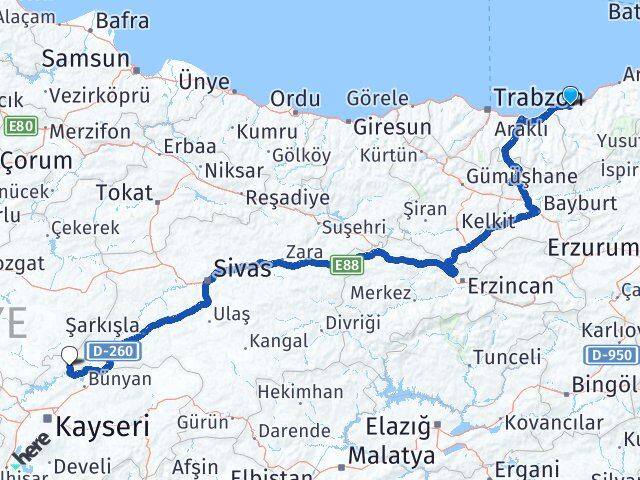 Rize Özvatan Kayseri Arası Kaç Km - Yol Haritası