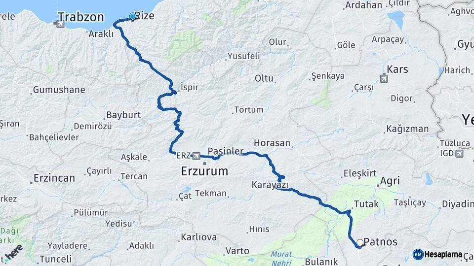 Rize Patnos Ağrı Arası Kaç Km - Yol Haritası