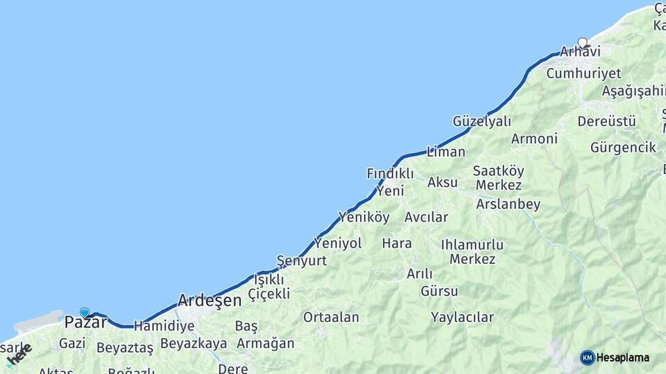 Rize Pazar Arhavi Artvin Arası Kaç Km - Yol Haritası