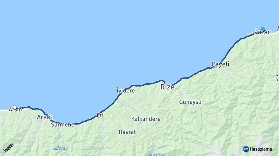 Rize Pazar Arsin Trabzon Arası Kaç Km - Yol Haritası