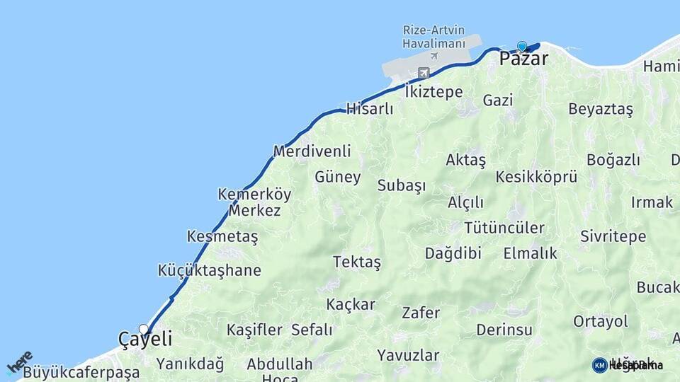 Rize Pazar Çayeli Arası Kaç Km - Yol Haritası