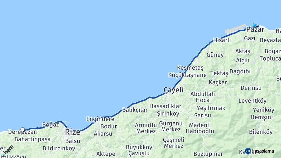 Rize Pazar Derepazarı Arası Kaç Km - Yol Haritası