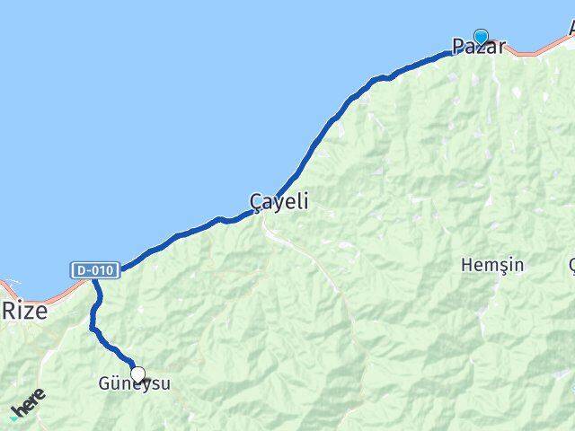 Rize Pazar Güneysu Arası Kaç Km - Yol Haritası