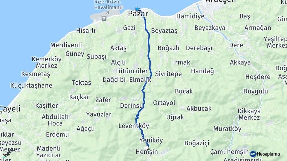 Rize Pazar Hemşin Arası Kaç Km - Yol Haritası