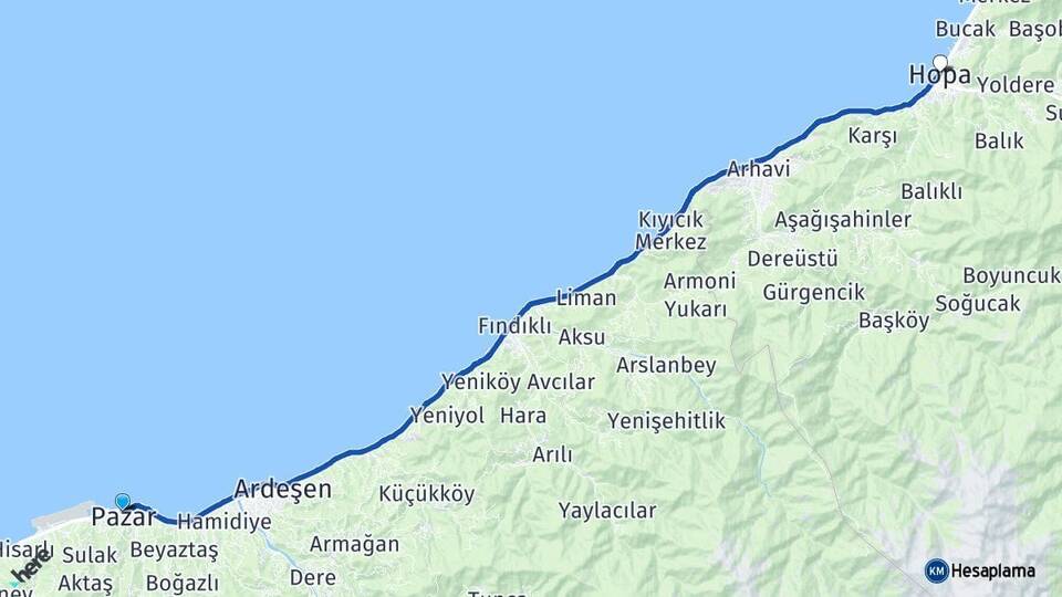 Rize Pazar Hopa Artvin Arası Kaç Km - Yol Haritası