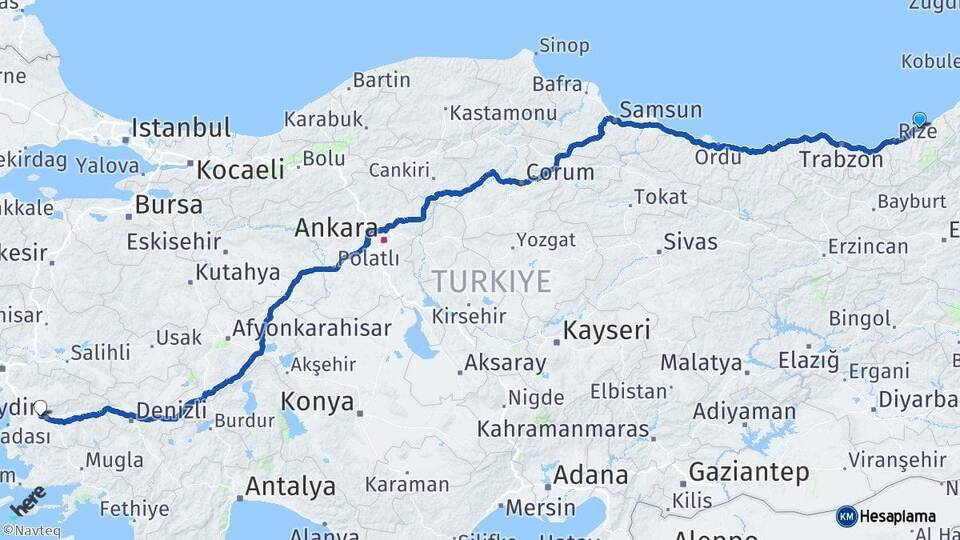 Rize Pazar İncirliova Aydın Arası Kaç Km - Yol Haritası