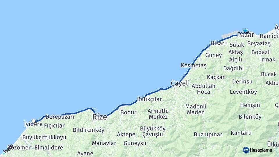 Rize Pazar İyidere Arası Kaç Km - Yol Haritası