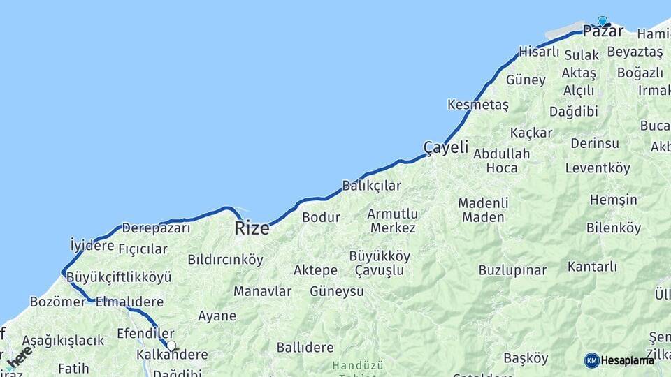 Rize Pazar Kalkandere Arası Kaç Km - Yol Haritası