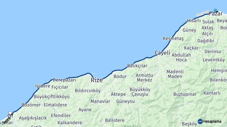 Rize Pazar Of Trabzon Arası Kaç Km - Yol Haritası