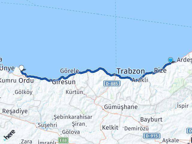 Rize Pazar Perşembe Ordu Arası Kaç Km - Yol Haritası